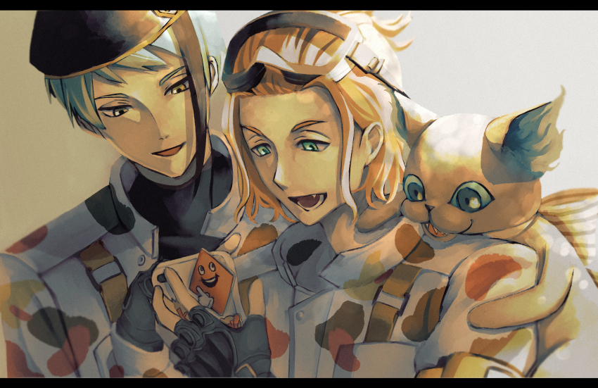 2boys, beret, blonde_hair, blue_hair, cater_diamond, cater_diamond_(beans_camo), cellphone, commentary_request