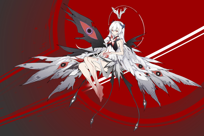 1girl, absurdres, bare_arms, bare_legs, barefoot, black_wings, butterfly_hair_ornament, cdlo