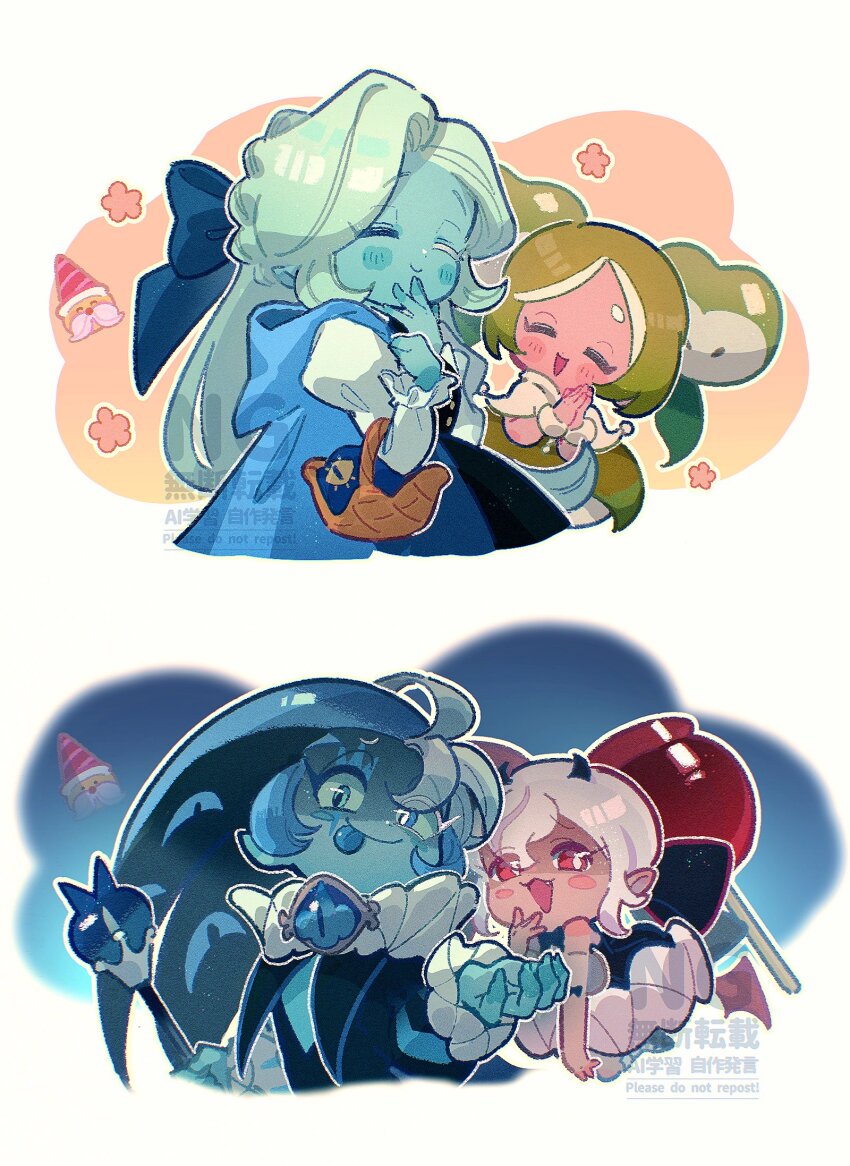 1boy, 1girl, :3, apple_faerie_cookie, apple_hair_ornament, black_bow, black_dress, blue_skin