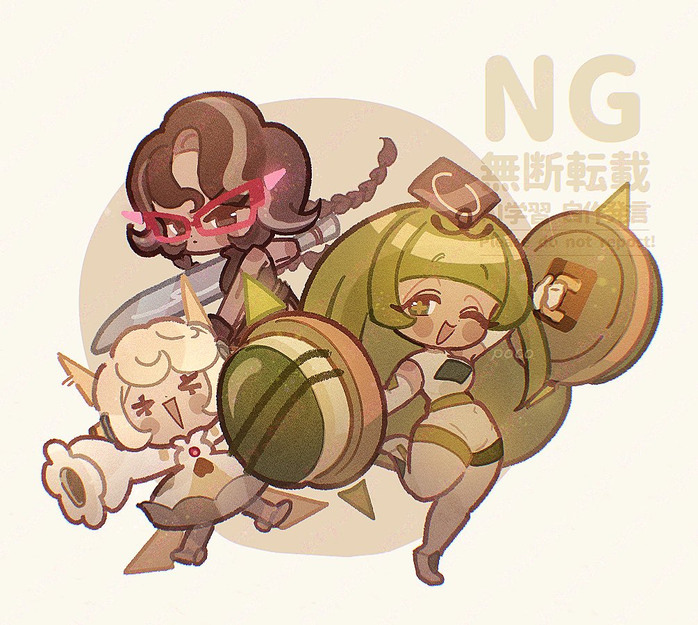 3girls, braid, brown_hair, chibi, choco_drizzle_cookie, cookie_run, cookie_run:_kingdom, dress