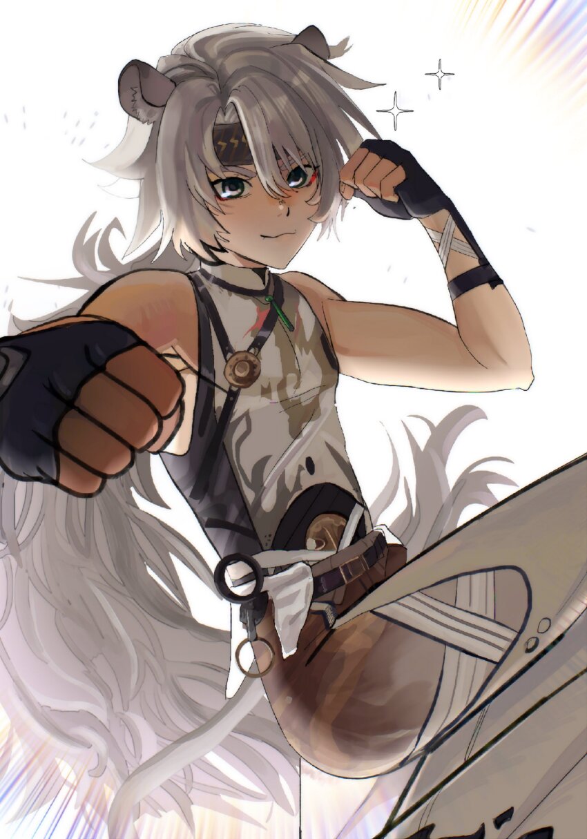 1boy, absurdres, animal_ear_fluff, animal_ears, backlighting, black_headband, cross-laced_clothes, cross-laced_top