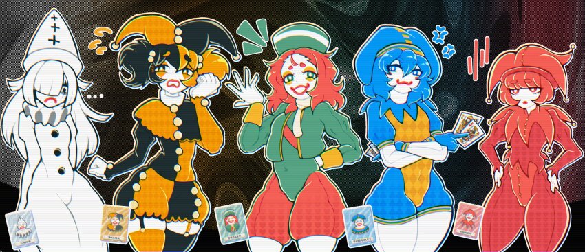 ..., 5boys, abstract_background, anger_vein, balatro, black_eyes, black_hair, blonde_hair, blue_eyes, blunt_bangs, bright_pupils, bulge, canio_(balatro), card, character_name, chicot_(balatro), clown, colored_skin, commentary, conical_hat, covered_navel, cropped_jacket, crossed_arms, english_commentary, english_text, eyeshadow, flying_sweatdrops, frown, garter_straps, gloom_(expression), green_eyes, grin, hair_between_eyes, hair_over_one_eye, hands_on_own_hips, hat, highres, hosses, jester, jester_cap, jitome, leotard, long_hair, makeup, medium_hair, multicolored_hair, multiple_boys, neck_ruff, parted_bangs, perkeo_(balatro), playing_card, puffy_sleeves, red_eyes, red_hair, short_hair, smile, swept_bangs, thick_eyebrows, thighhighs, thighs, trap, triboulet_(balatro), twintails, two-tone_hair, white_hair, white_pupils, white_skin, yellow_eyes, yorick_(balatro)