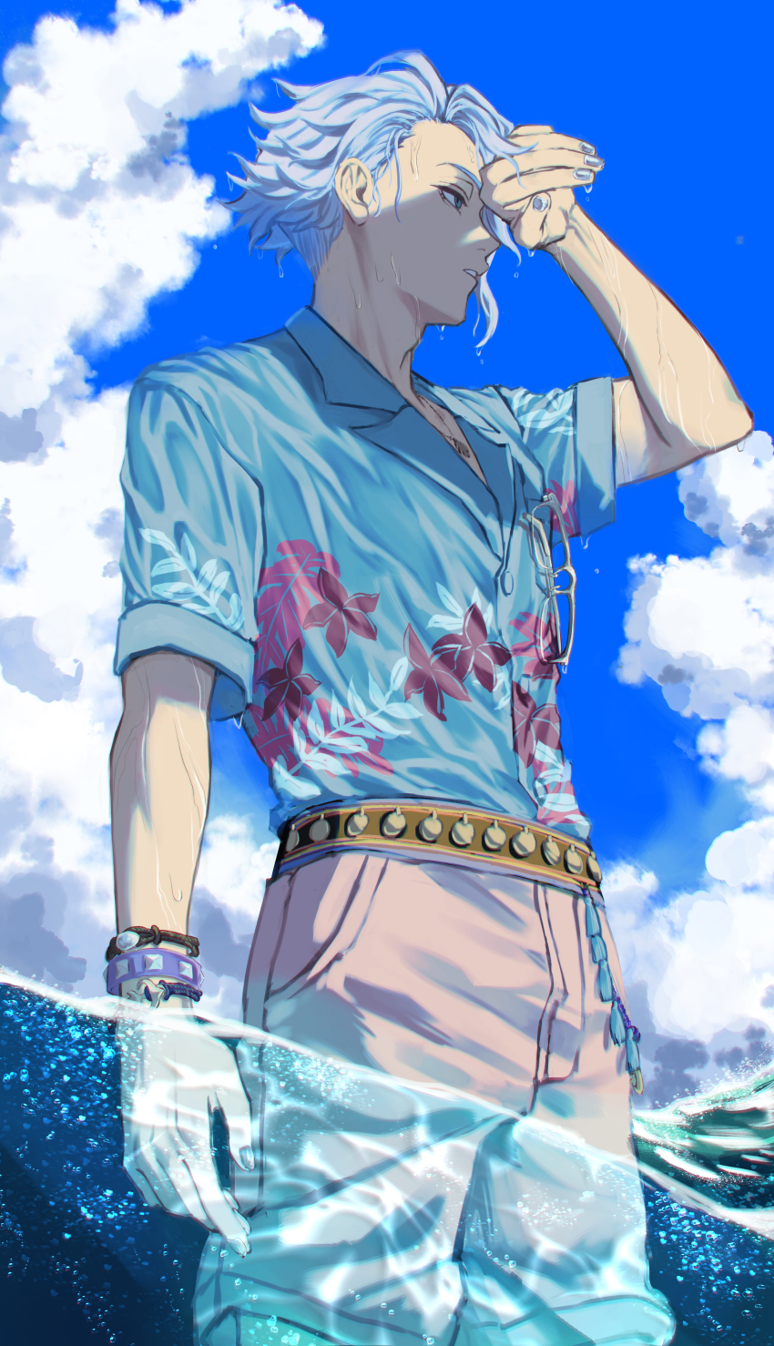 1boy, absurdres, azul_ashengrotto, azul_ashengrotto_(tropical_wear), blue_eyes, blue_hair, blue_shirt, blue_sky, cloud, cloudy_sky, cowboy_shot, hawaiian_shirt, highres, looking_to_the_side, male_focus, shirt, short_hair, shorts, sky, solo, standing, susamiyasan, twisted_wonderland, wading, water, wet, wet_hair, wiping_forehead