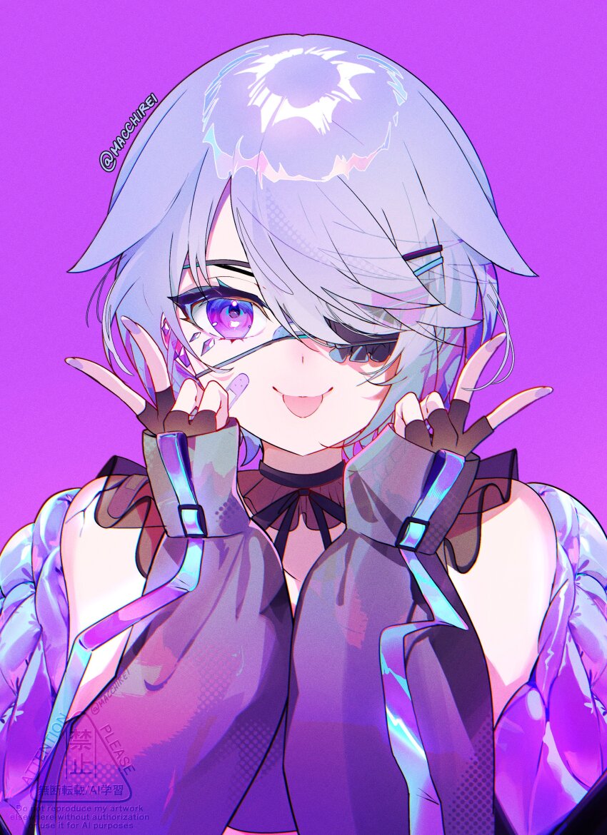 1girl, absurdres, black_gloves, double_v, ear_piercing, eyepatch, fingerless_gloves, gem