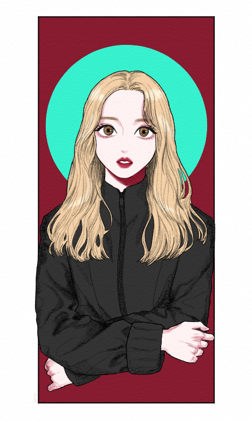 1girl, aqua_background, black_eyeliner, black_shirt, blonde_hair, brown_eyes, circle, commentary, crossed_arms, doo_twodot, eyeliner, go_won, high_collar, k-pop, looking_ahead, loona_(group), makeup, parted_lips, real_life, red_background, red_lips, shirt, upper_body