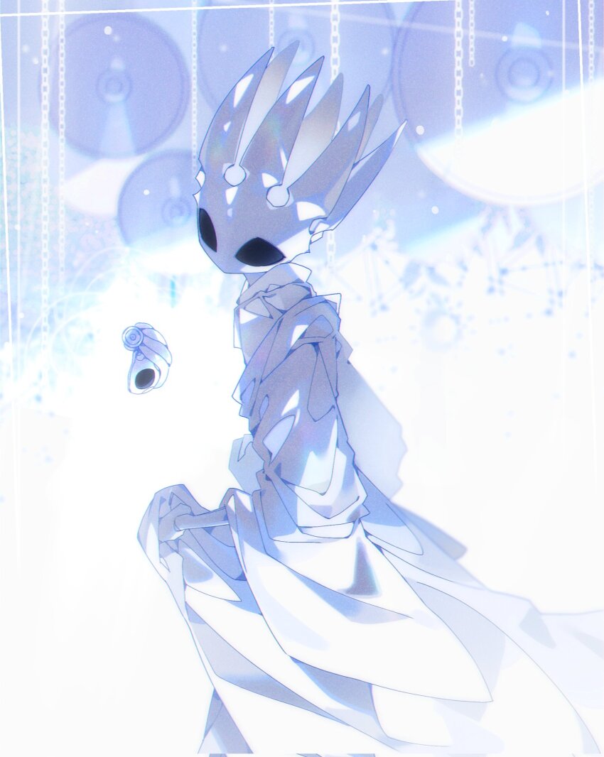1boy, black_eyes, chain, charm_(hollow_knight), cowboy_shot, crown, highres, hollow_eyes
