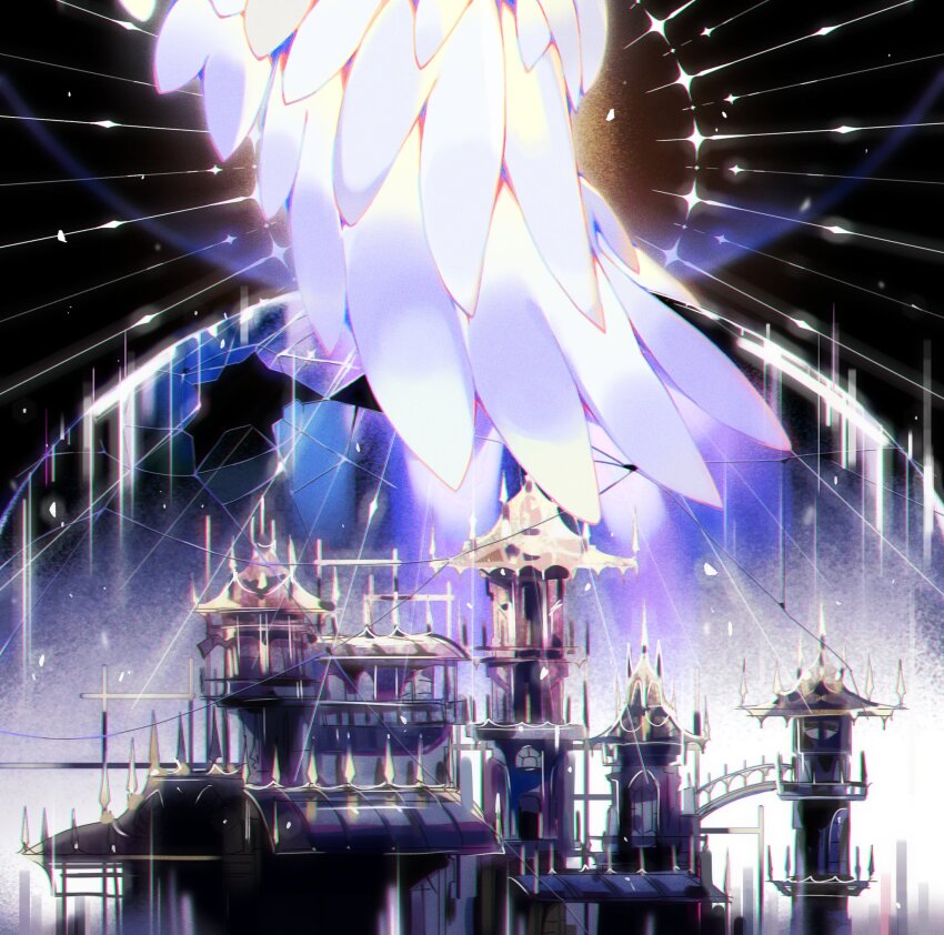 1other, balcony, broken_glass, castle, energy_barrier, feathers, feet_out_of_frame, glass