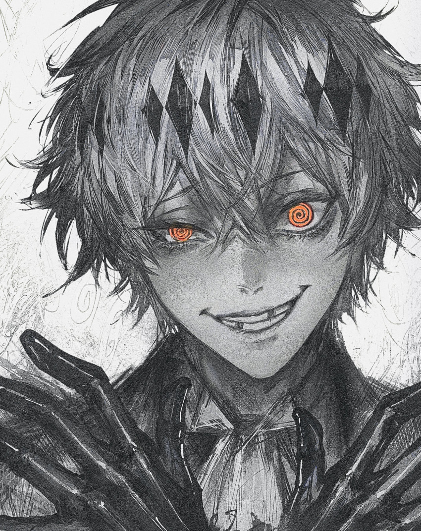 1boy, @_@, commentary, gloves, grin, highres, ho9_999, jacket