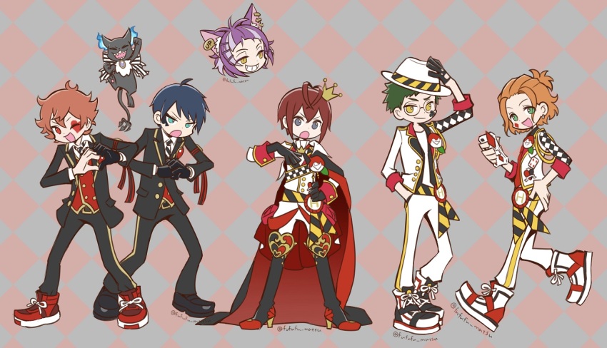6+boys, ace_trappola, animal_ears, argyle_background, black_eyes, blue_eyes, blue_hair, cape