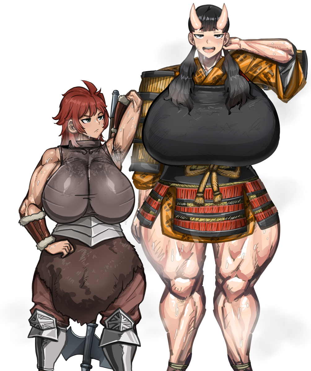 2girls, armor, black_hair, breasts, curvy, dungeon_meshi, full_armor, full_body, highres, huge_breasts, inutade, japanese_armor, multiple_girls, namari_(dungeon_meshi), red_hair, slavsegger, sweat, sweatdrop, twintails