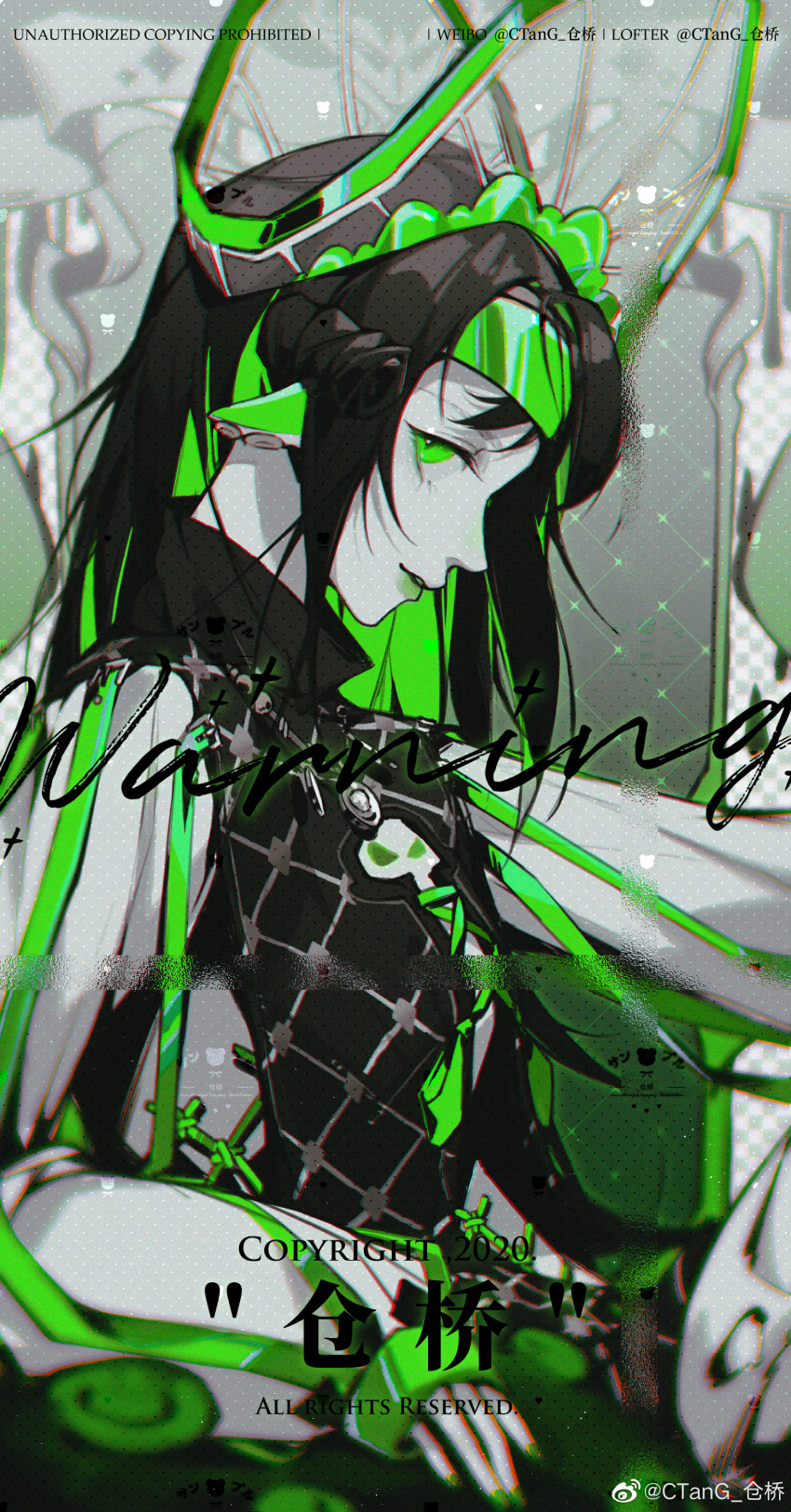 1girl, absurdres, animal_ears, antennae, argyle_clothes, argyle_shirt, arthropod_girl, black_shirt