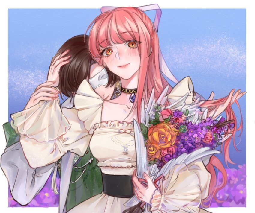 1boy, 1girl, binglanxianqi, black_choker, black_corset, blue_sky, blunt_bangs, blush