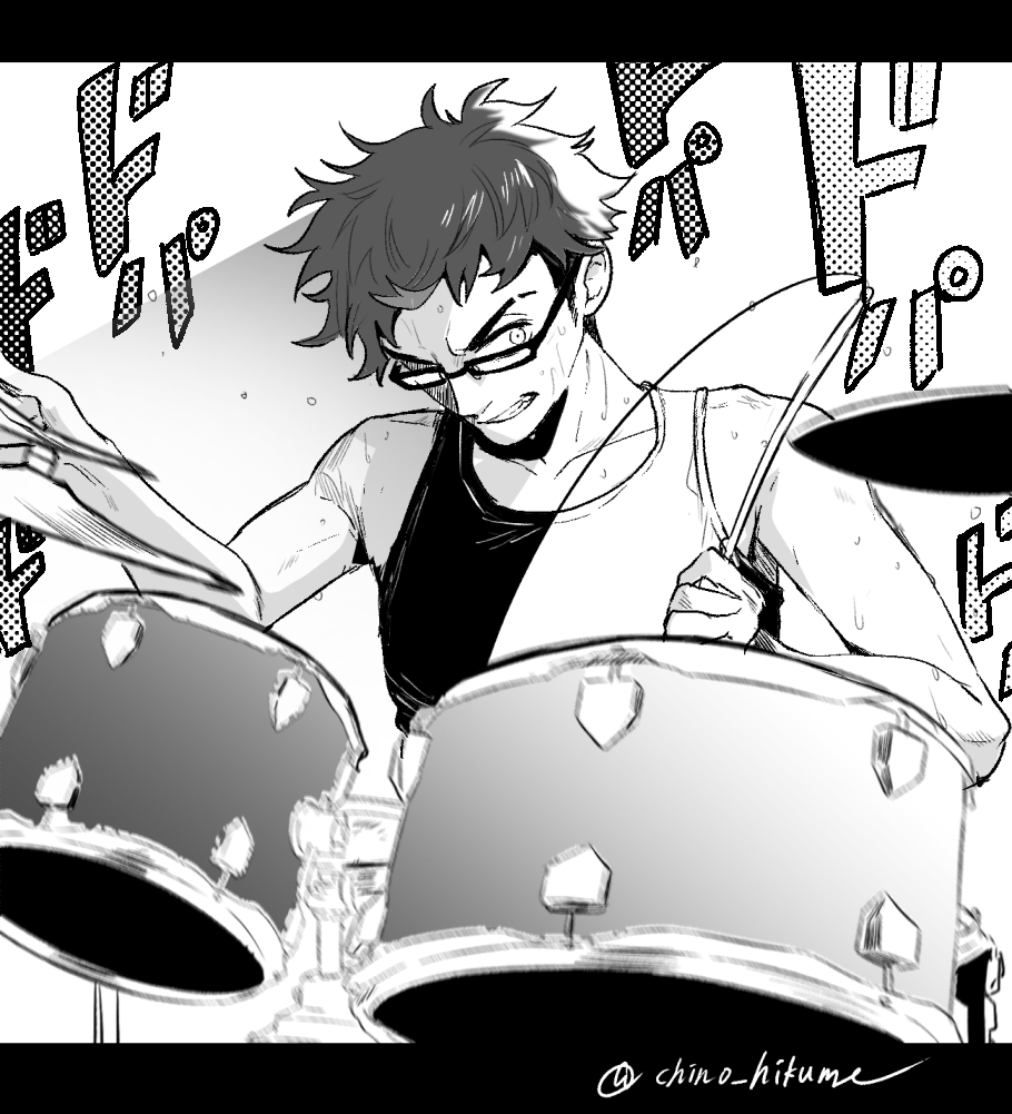 1boy, bare_arms, bare_shoulders, chino_hikume, clenched_teeth, commentary_request, cymbals, determined