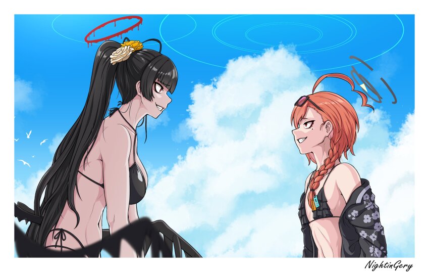 2girls, :d, ahoge, alternate_costume, bare_shoulders, bikini, bird, black_bikini
