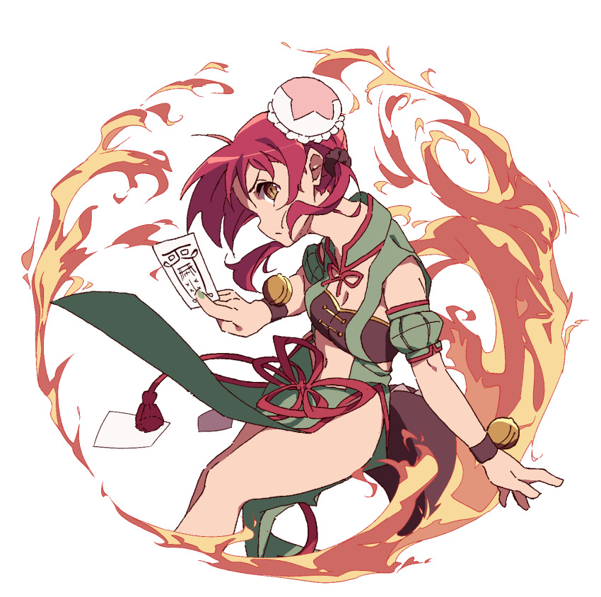 @nyannyan, bell, boro_(tn-boro), breasts, chinese_clothes, cleavage, double_bun, fire