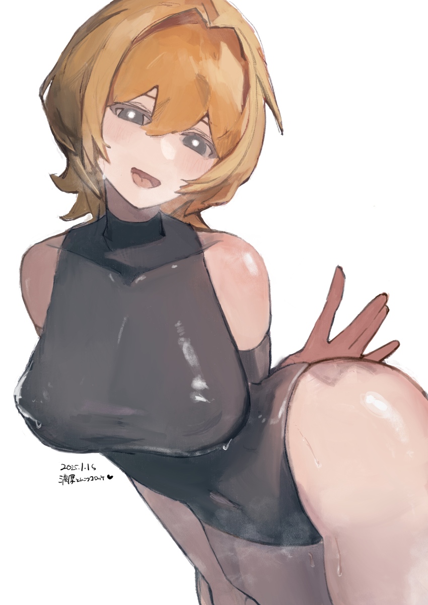 1girl, absurdres, arm_behind_back, black_eyes, black_leotard, blonde_hair, blush, breasts
