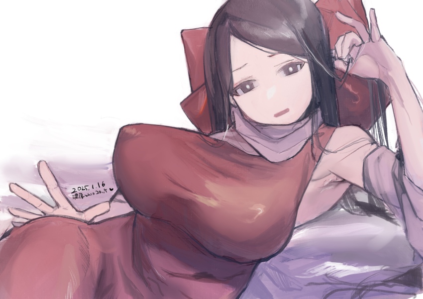 1girl, absurdres, armpit_hair, armpits, black_eyes, black_hair, bow, breasts, bright_pupils, commentary, cookie_(touhou), cowboy_shot, dated, detached_sleeves, dress, grey_scarf, grey_shirt, hair_bow, hakurei_reimu, highres, large_breasts, long_hair, looking_at_viewer, lying, noukou_tonkotsu_korokke, on_side, open_mouth, red_bow, red_dress, scarf, shiromiya_rei, shirt, sleeveless, sleeveless_dress, solo, swept_bangs, touhou, white_pupils