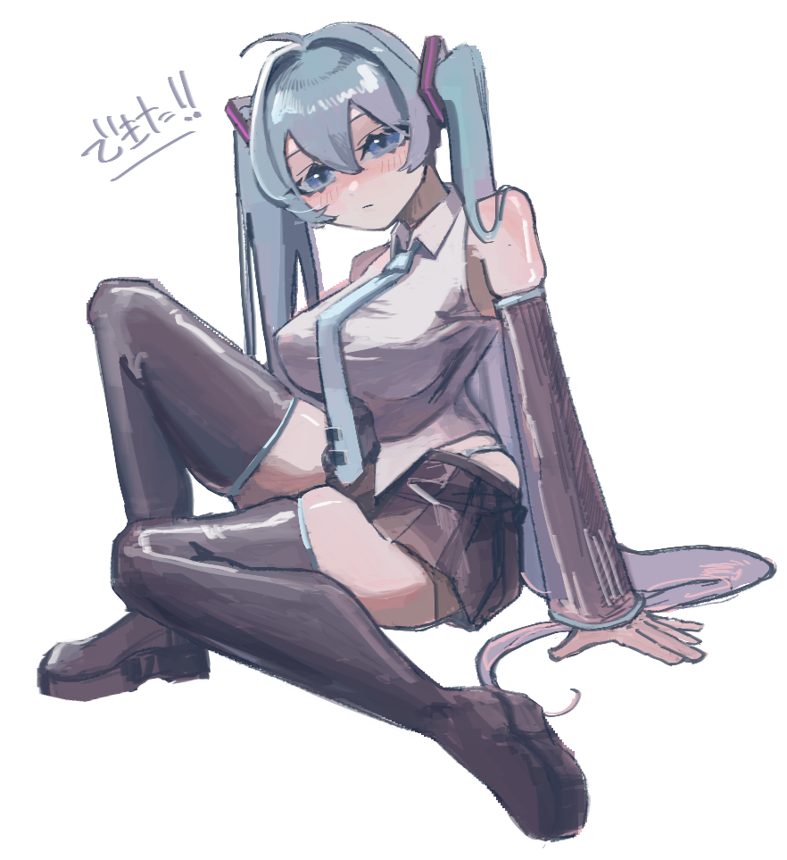 1girl, ahoge, black_boots, black_skirt, black_sleeves, blue_eyes, blue_hair, blue_necktie