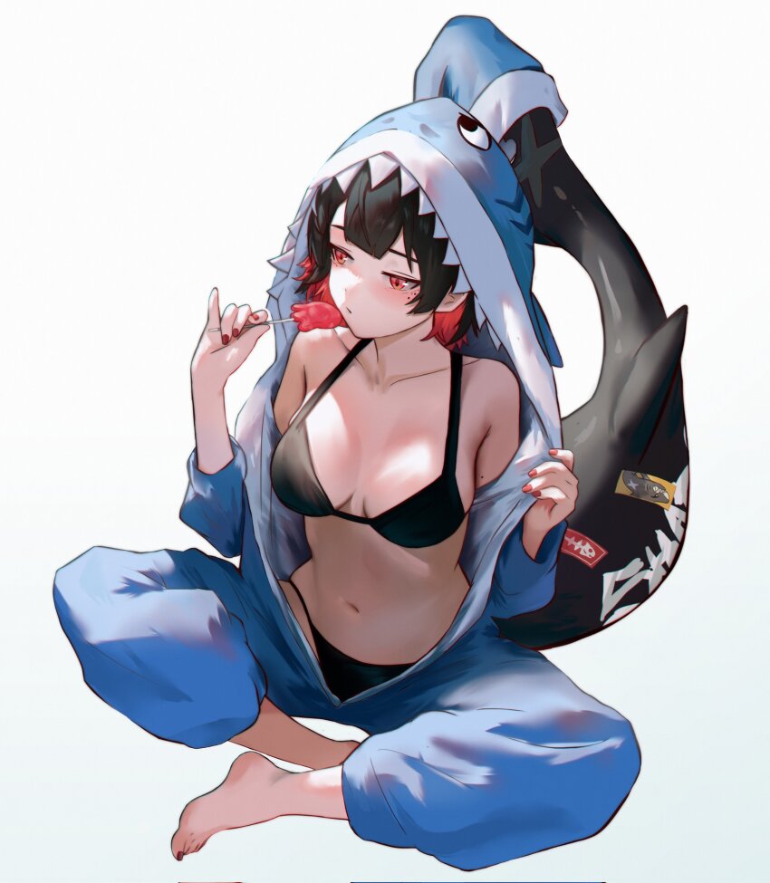 1girl, animal_costume, barefoot, black_bra, black_hair, black_panties, blunt_bangs, bra