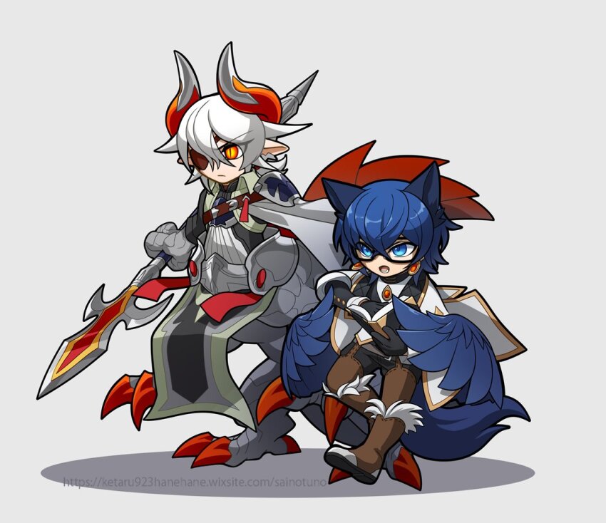 2boys, animal_ears, animal_hands, armor, blue_eyes, blue_hair, blue_wings, book