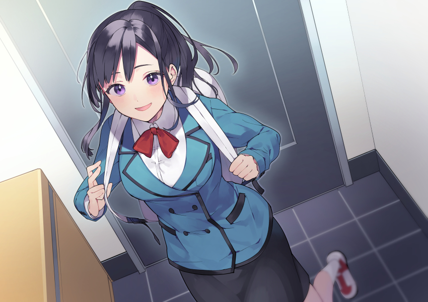 1girl, absurdres, backpack, bag, black_skirt, blue_jacket, blush, breasts