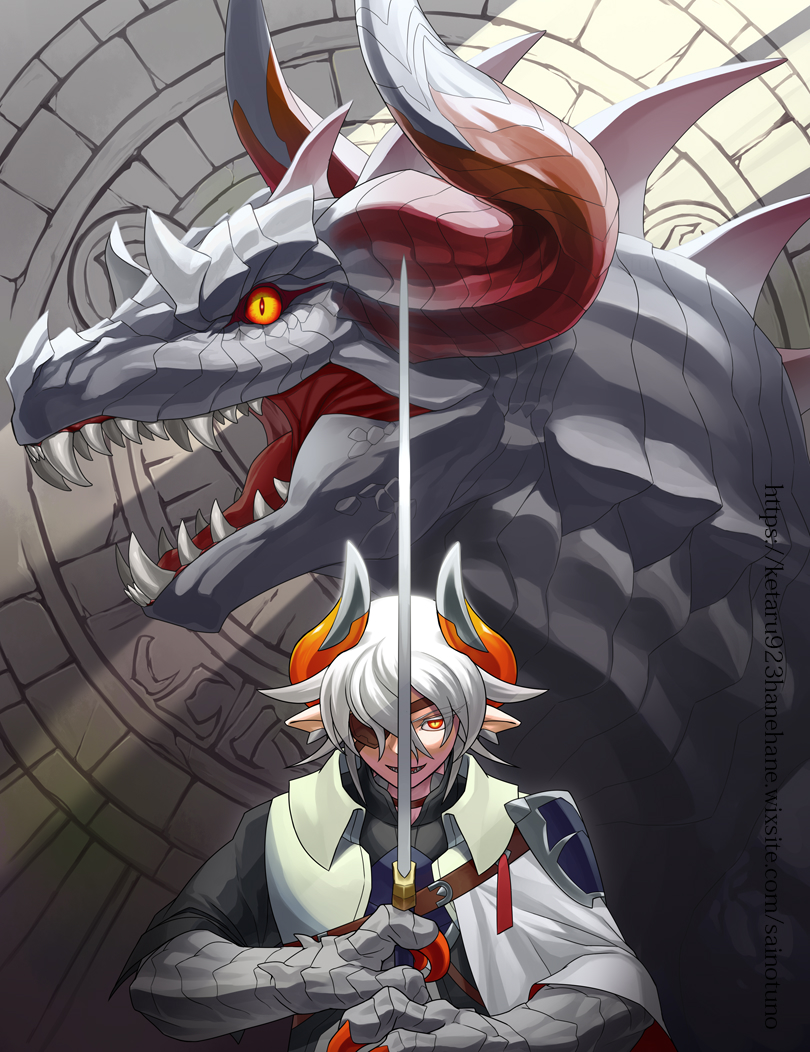 1boy, animal_hands, claws, commentary_request, dragon, dragon_boy, dragon_horns, eyepatch