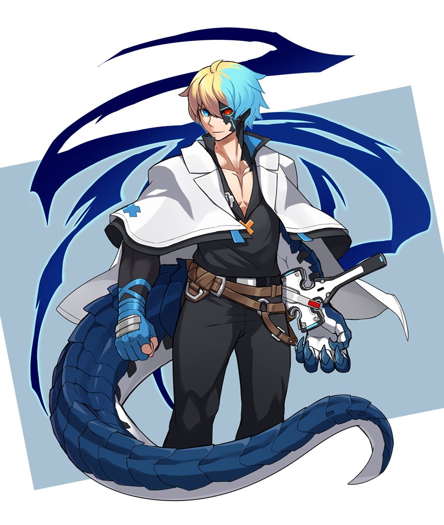 1boy, animal_hands, black_shirt, blonde_hair, blue_background, blue_eyes, blue_hair, capelet