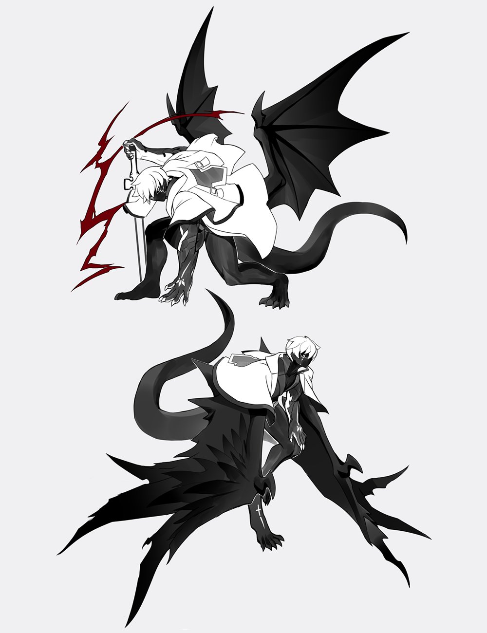 1boy, animal_feet, animal_hands, capelet, claws, commentary_request, dragon_install, dragon_tail