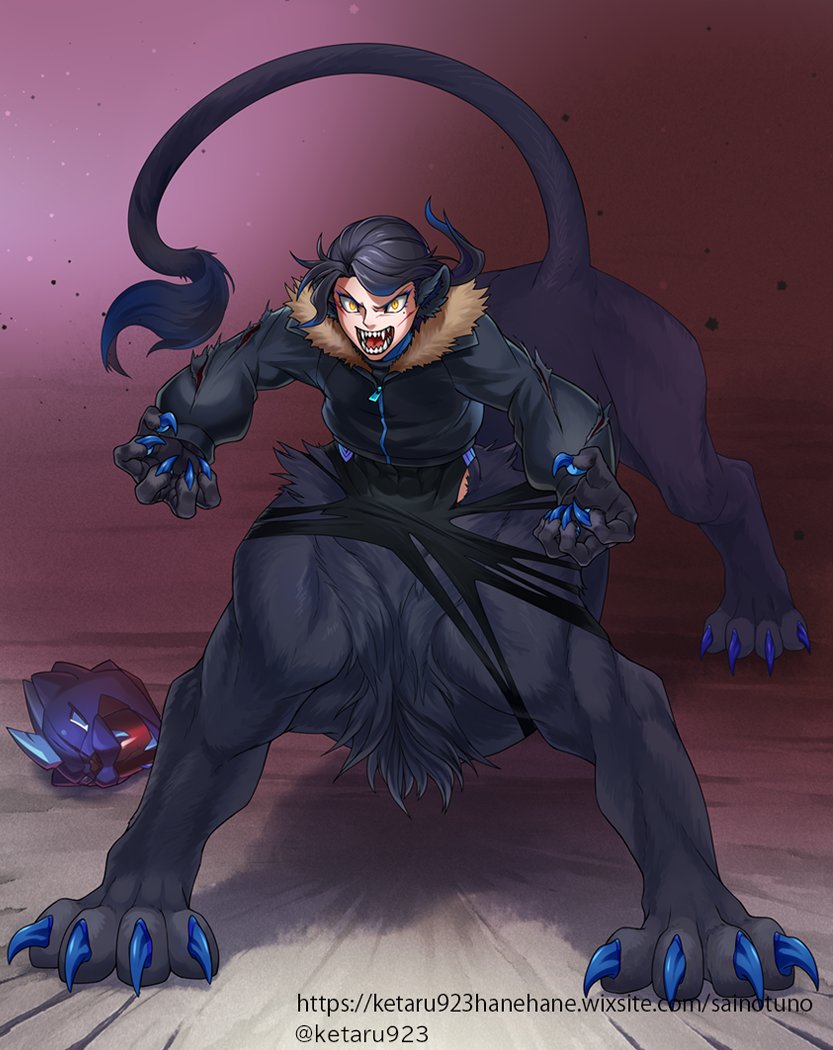 1boy, animal_ears, animal_hands, black_hair, black_jacket, blue_hair, centauroid, claws, commentary_request, commission, constricted_pupils, cuts, full_body, gradient_hair, helmet, injury, jacket, ketaru, lion_boy, lion_ears, long_hair, looking_at_viewer, low_ponytail, male_focus, monster_boy, multicolored_hair, original, ponytail, sharp_teeth, skeb_commission, slit_pupils, solo, standing, taur, teeth, torn_clothes, yellow_eyes