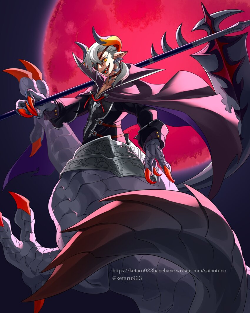 1boy, animal_hands, armor, cape, centauroid, claws, collared_cape, commentary_request, commission, dragon_boy, dragon_horns, eyepatch, high_collar, highres, holding, holding_scythe, horns, ignador_(mountain_of_heaven), jacket, ketaru, looking_at_viewer, low_ponytail, male_focus, monster_boy, moon, night, outdoors, pixiv_fantasia, pixiv_fantasia_mountain_of_heaven, pointy_ears, ponytail, red_moon, scythe, sharp_teeth, skeb_commission, solo, taur, teeth, upper_body, white_hair, yellow_eyes