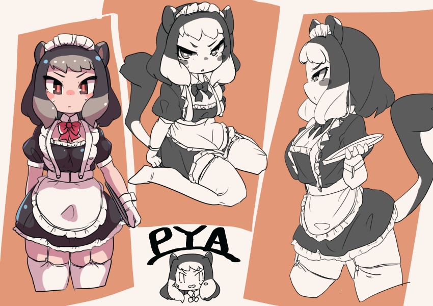 1girl, alpine_marmot_(kemono_friends), alternate_costume, animal_ears, apron, black_dress, blush, bow