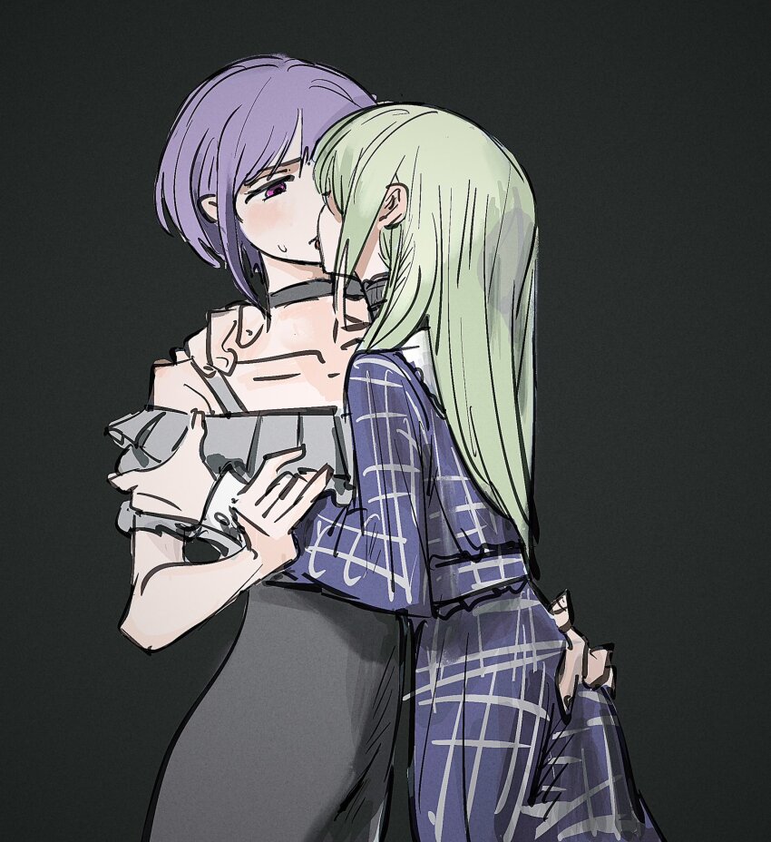 2girls, bang_dream!, bang_dream!_it's_mygo!!!!!, black_background, black_choker, black_skirt, blue_dress, choker