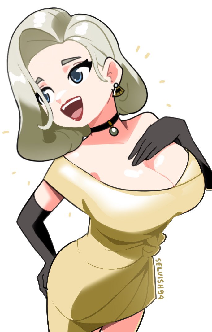 1girl, artist_name, black_choker, black_gloves, blonde_hair, blue_eyes, breasts, choker, cleavage, commentary, earrings, elbow_gloves, english_commentary, fan_earrings, formalwear_mercy, from_above, gloves, jewelry, large_breasts, lipstick, looking_to_the_side, makeup, medium_hair, mercy_(overwatch), official_alternate_costume, official_alternate_hairstyle, open_mouth, overwatch, overwatch_2, pendant_choker, red_lips, selvish94, simple_background, solo, white_background