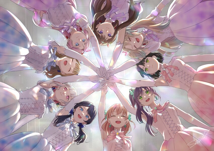 6+girls, anyoji_hime, aqua_eyes, armpits, aurora_flower_(love_live!), black_hair, blonde_hair, blue_eyes, blue_hair, blue_ribbon, blue_skirt, blunt_bangs, blunt_ends, bob_cut, braid, breasts, brown_hair, butterfly_hair_ornament, circle_formation, closed_mouth, colored_inner_hair, commentary_request, cross-laced_clothes, cross-laced_top, crossed_bangs, diagonal_bangs, earrings, elbow_gloves, fang, from_below, fujishima_megumi, gloves, gradient_hair, green_eyes, hair_bun, hair_ornament, highres, hinoshita_kaho, inverted_bob, jewelry, kachimachi_kosuzu, link!_like!_love_live!, long_hair, love_live!, low_twintails, medium_breasts, medium_hair, momose_ginko, multicolored_hair, multiple_girls, murano_sayaka, neck_ribbon, official_alternate_costume, orange_hair, osawa_rurino, otomune_kozue, parted_bangs, pink_eyes, pink_hair, pink_ribbon, pink_skirt, ponytail, purple_eyes, purple_hair, purple_ribbon, purple_skirt, red_hair, ribbon, shirt, short_hair, side_braids, side_ponytail, sidelocks, signature, single_side_bun, skirt, sleeveless, sleeveless_shirt, smile, split_mouth, straight_hair, streaked_hair, suito, twintails, two_side_up, virtual_youtuber, watermark, white_gloves, white_hair, white_shirt, worm's_eye_view, yugiri_tsuzuri