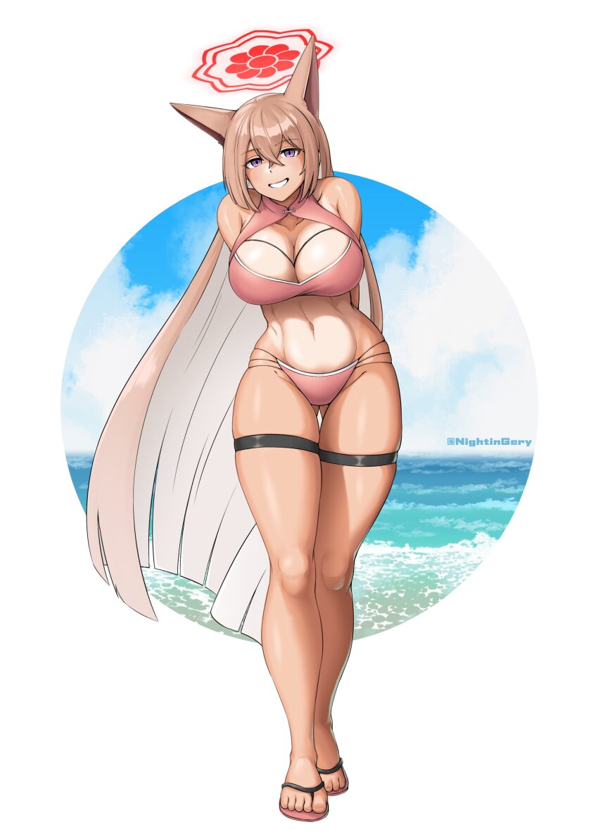 1girl, :d, absurdres, alternate_costume, alternate_skin_color, animal_ears, bare_shoulders, bikini