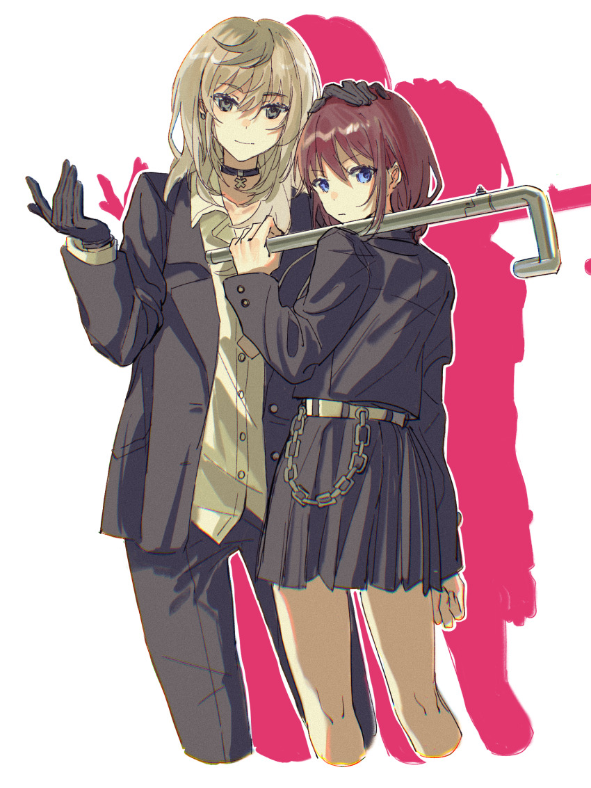 2girls, belt, black_gloves, black_jacket, black_pants, black_skirt, blue_eyes, brown_hair