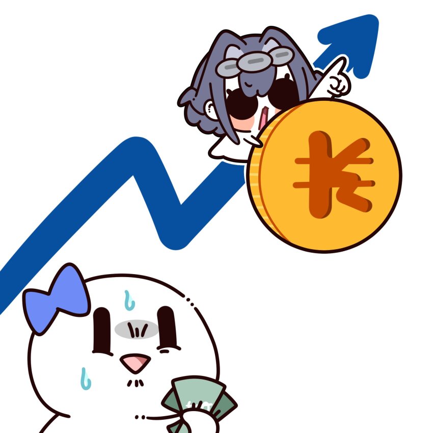 1girl, 1other, 252_eyo, arrow_(symbol), blue_bow, blue_hair, blush_stickers, boros_(ouro_kronii)