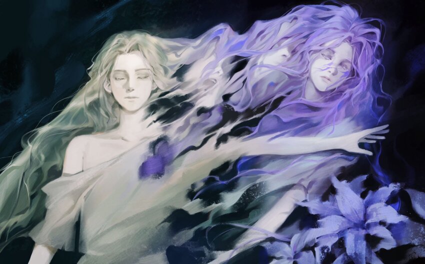 1boy, 1girl, absurdly_long_hair, androgynous, awkwardtomato, blonde_hair, closed_eyes, closed_mouth, collarbone, commentary, curtained_hair, elden_ring, elden_ring:_shadow_of_the_erdtree, english_commentary, flower, grey_shirt, highres, long_hair, looking_to_the_side, miquella_(elden_ring), open_mouth, outstretched_arm, parted_bangs, parted_lips, purple_flower, purple_hair, shirt, sideways_glance, single_off_shoulder, spoilers, st._trina_(elden_ring), teeth, torn_clothes, torn_shirt, upper_teeth_only, very_long_hair, white_shirt