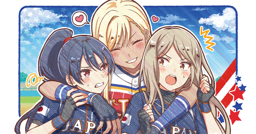 3girls, ^^^, ^_^, baseball_stadium, baseball_uniform, black_gloves, black_hair, blonde_hair