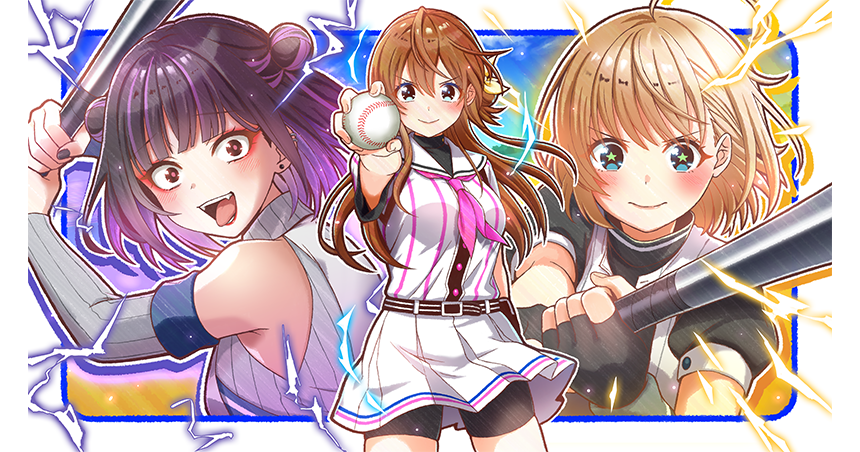 3girls, ahoge, arihara_tsubasa, aura, ball, baseball, baseball_(object), baseball_bat