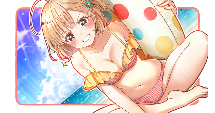 1girl, ahoge, asymmetrical_hair, beach, bikini, blonde_hair, border, breasts, cinderella_series, cleavage, cloud, collarbone, cumulonimbus_cloud, dutch_angle, frilled_bikini, frills, green_eyes, grin, hachigatsu_no_cinderella_nine, hanako_(akatsuki), hand_on_ground, holding, holding_swim_ring, indian_style, innertube, lens_flare, light_rays, looking_at_viewer, navel, nishinomiya_arisu, non-web_source, ocean, official_alternate_hairstyle, official_art, one_side_up, outdoors, outside_border, short_hair, sitting, sky, smile, solo, star_(symbol), star_in_eye, summer, sunbeam, sunlight, swim_ring, swimsuit, symbol_in_eye, teeth, v-shaped_eyebrows, wet, white_border