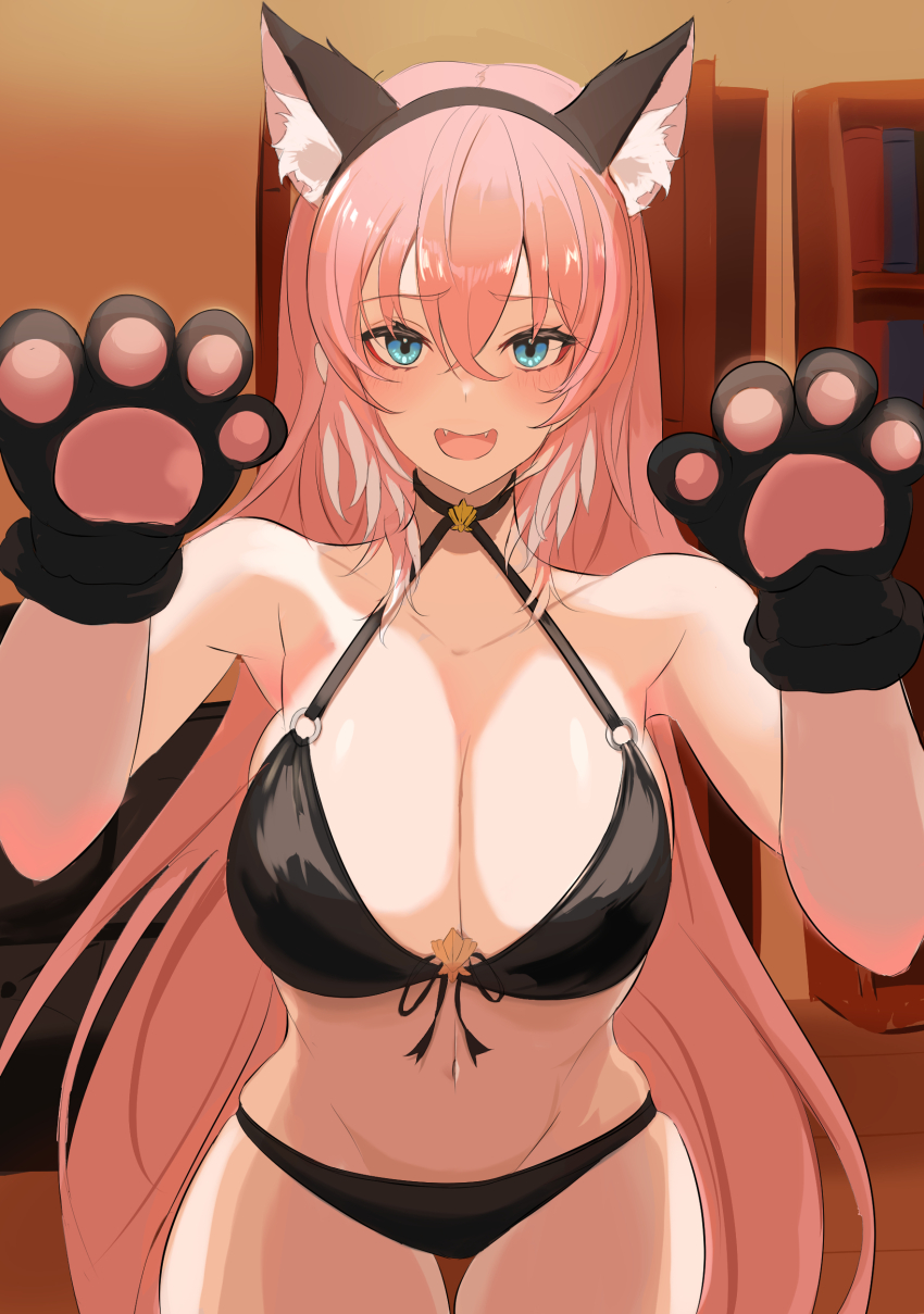 1girl, absurdres, animal_ears, bikini, blue_eyes, breasts, cat, cat_ears