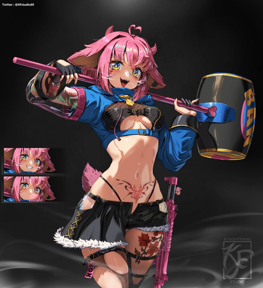 1girl, ahoge, animal_ears, arm_tattoo, artist_logo, asymmetrical_gloves, asymmetrical_sleeves, bandaid