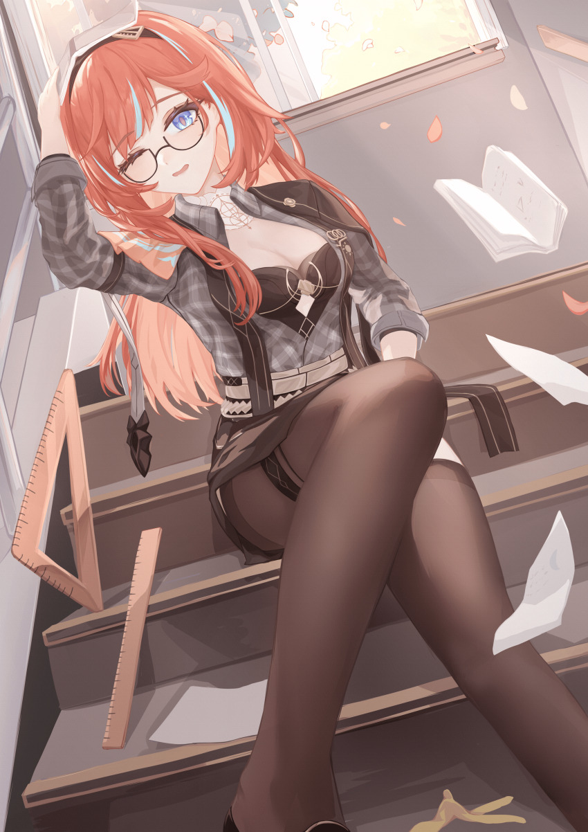 1girl, absurdres, banana_peel, black_dress, black_pantyhose, blackheart`, blue_eyes, blue_hair