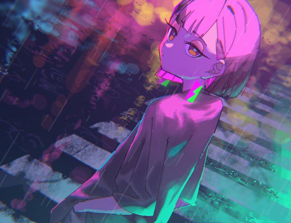 1girl, commentary_request, dutch_angle, earrings, expressionless, grey_shirt, hands_in_pockets, jewelry, jitome, kyoutu, looking_up, neon_palette, nira-chan, nira-chan_(obenkyou_shitoiteyo)_(zutomayo), obenkyou_shitoiteyo, pink_hair, purple_eyes, rain, road, shirt, zutto_mayonaka_de_ii_no_ni