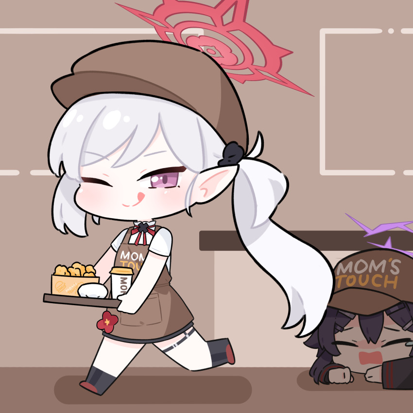 2girls, absurdres, alternate_costume, apron, black_hair, blue_archive, boots, brown_apron