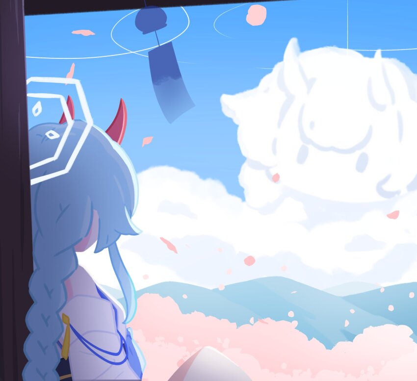 1girl, bare_shoulders, blue_archive, blue_hair, blue_halo, blue_sky, braid, chamchi-mayo