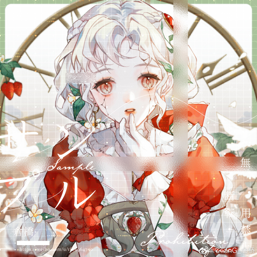 1girl, bird, border, bow, braid, chinese_commentary, clock, collar