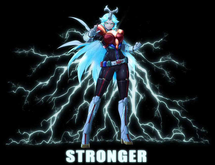 1girl, armor, belt, black_background, black_bodysuit, blue_hair, bodysuit, boobplate, boots, breastplate, character_name, clenched_hand, commentary, cyborg, eidenjyou1997, electricity, english_commentary, full_body, genderswap, genderswap_(mtf), gloves, glowing, glowing_armor, glowing_eyes, glowing_hair, green_eyes, high_heel_boots, high_heels, highres, horns, kamen_rider, kamen_rider_stronger, kamen_rider_stronger_(series), kamen_rider_stronger_charge_up, knee_boots, long_hair, looking_at_viewer, rider-tan, rider_belt, scarf, serious, simple_background, single_horn, solo, standing, very_long_hair, white_belt, white_boots, white_gloves, white_scarf