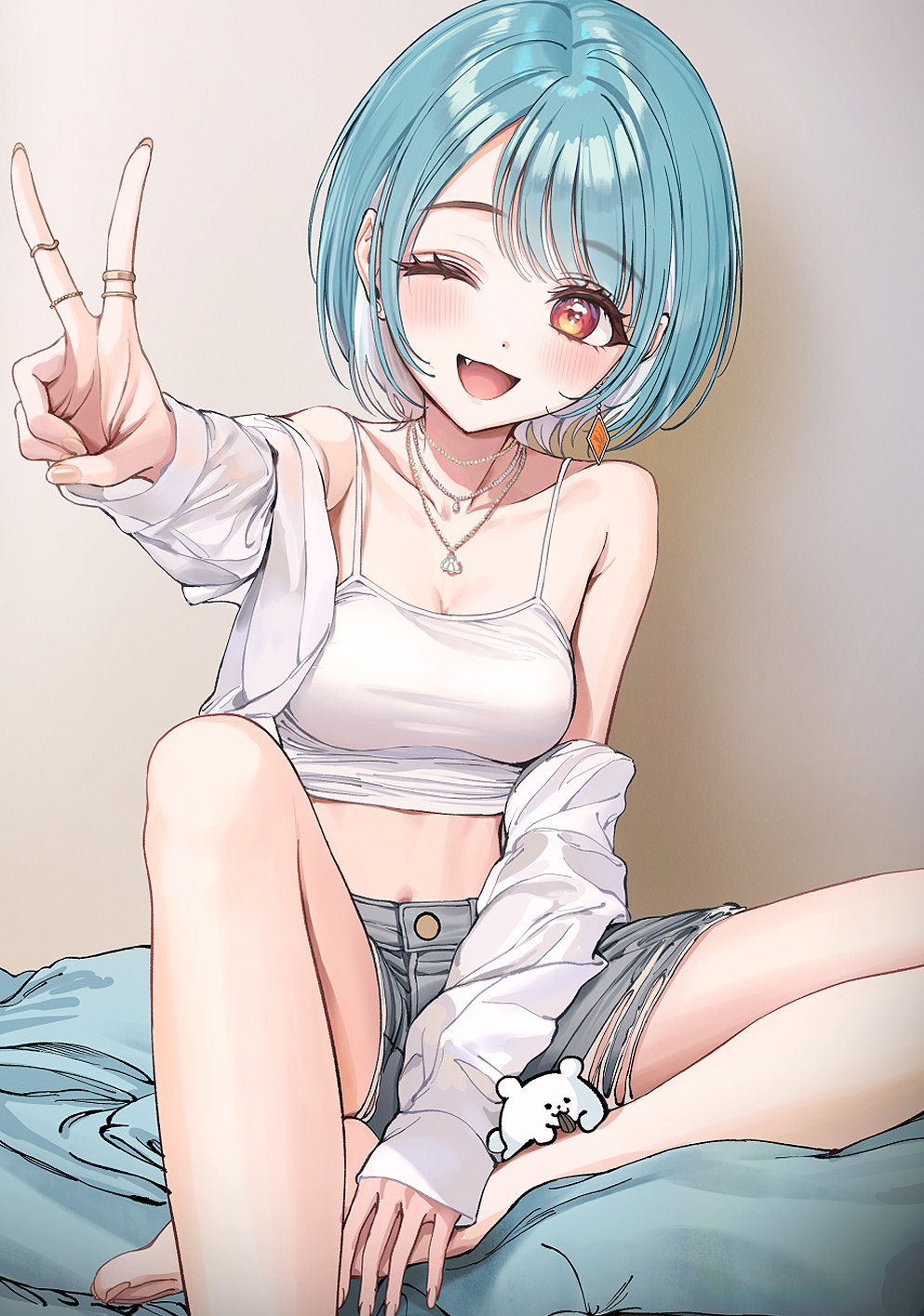 1girl, ame_(uten_cancel), bare_legs, barefoot, blue_hair, blue_shorts, blush, breasts, denim, denim_shorts, earrings, fang, highres, jacket, jewelry, looking_at_viewer, medium_breasts, midriff, multicolored_hair, navel, necklace, off_shoulder, one_eye_closed, open_mouth, orange_eyes, shiranami_ramune, shiranami_ramune_(4th_costume), short_hair, short_shorts, shorts, sitting, smile, solo, streaked_hair, tank_top, toes, torn_clothes, torn_shorts, v, virtual_youtuber, vspo!, white_hair, white_jacket